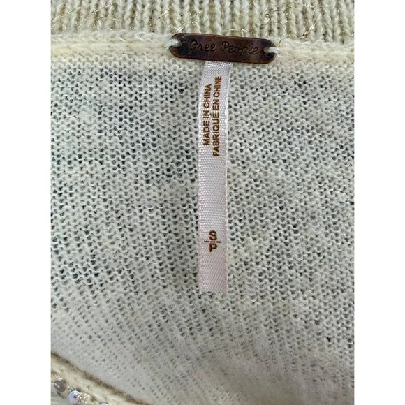 Vintage Free People Sequin V-Neck Cream Knit Sweater | Luxe Boho Soft Girl Y2K S - Picture 12 of 15